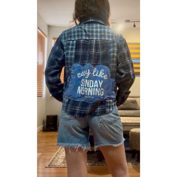LIONEL RICHIE Sunday Morning Upcycled Flannel 70s Vintage Retro Rhinestone Top S - Picture 1 of 10
